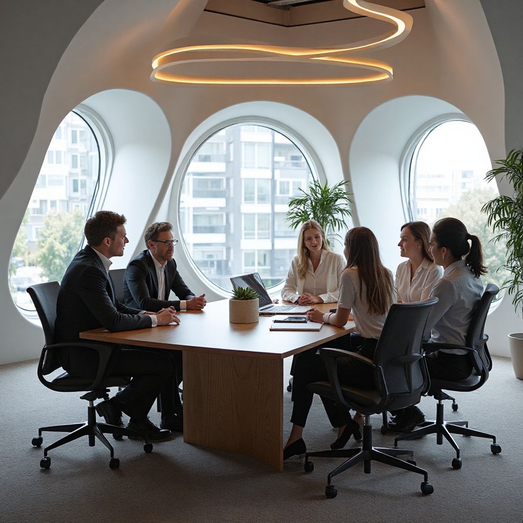 Business coaching session in progress with executive team in contemporary conference room